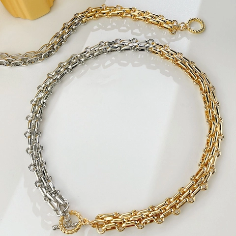 Cool Style 18K Gold Plated Zinc Alloy Chunky Chain Necklace Bracelet Set Bi-Color Gold Silver OT Toggle Clasp Women Jewelry