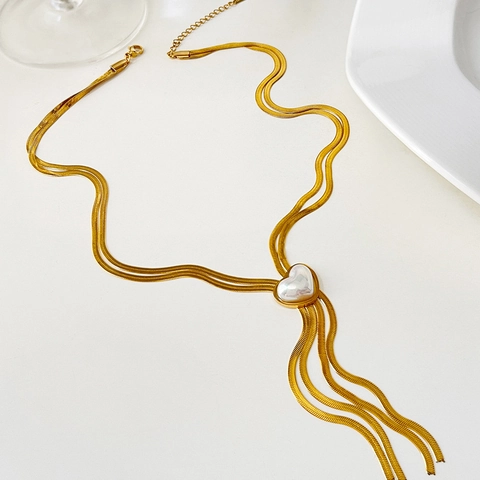 Damen Edelstahl Doppelschichtig Herz Künstliche Perle Quaste Halskette Gold Überzogen Minimalistisch Schlangenkette Schmuck