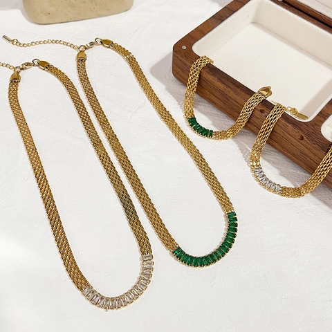 Juego de Collar y Pulsera de Acero Inoxidable con Cadena de Malla y Circonia Chapado en Oro Joyería de Moda para Mujer