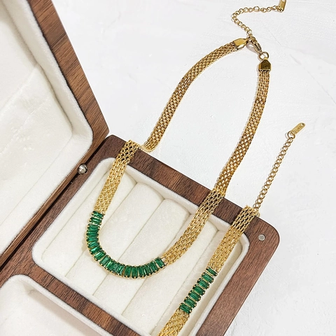 Juego de Collar y Pulsera de Acero Inoxidable con Cadena de Malla y Circonia Chapado en Oro Joyería de Moda para Mujer