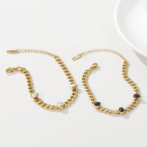 Ins Stijl Roestvrij Staal 14K Vergulde Cubaanse Schakelarmband Voor Dames Vintage Ovalen Marmertextuur Steen Hanger Armband Sieraden