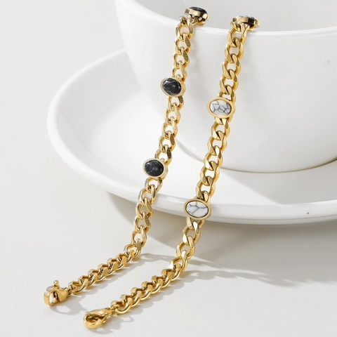 Ins Stijl Roestvrij Staal 14K Vergulde Cubaanse Schakelarmband Voor Dames Vintage Ovalen Marmertextuur Steen Hanger Armband Sieraden