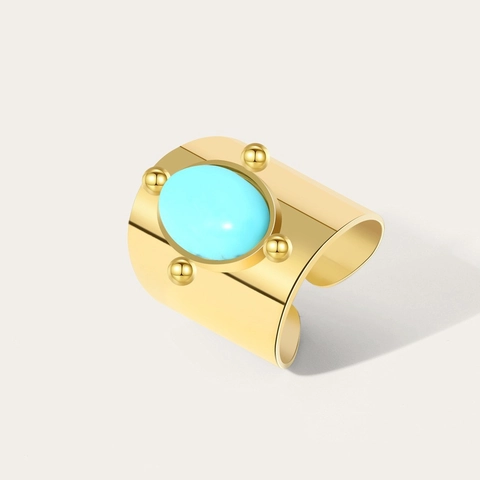 Vintage Roestvrij Staal 18K Verguld Brede Band Open Verstelbare Ring Ingelegd Met Ovale Kunstmatige Opaal Turkoois Vrouwen