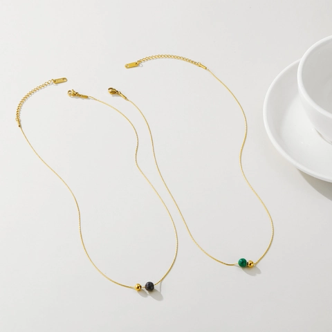 18K Verguld Roestvrij Staal Ronde Kraal Malachiet Hanger Ketting Minimalistische Geometrische Torsie Ketting Sleutelbeensieraden Voor Vrouwen