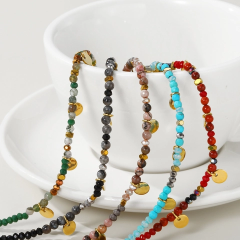 Boheems 18K Verguld Roestvrij Staal Kralen Armband Voor Vrouwen Vintage Gefacetteerde Kralen Ronde Schijf Hanger Verstelbare Armband
