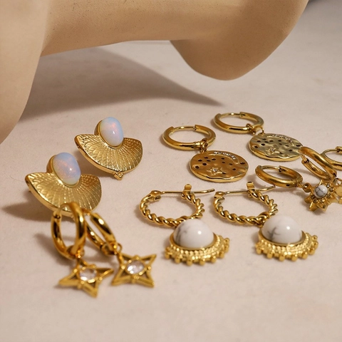 Franse Retro Roestvrijstalen Oorringen Voor Dames 18K Goud Verguld Natuursteen Zirconia Ster Maan Hanger Mode Sieraden