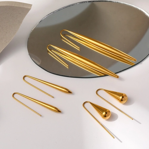 Minimalistische Roestvrijstalen Holle Waterdruppel Oorhaken Voor Dames Vergulde Geometrische Spindel Hangende Oorbellen Sieraden