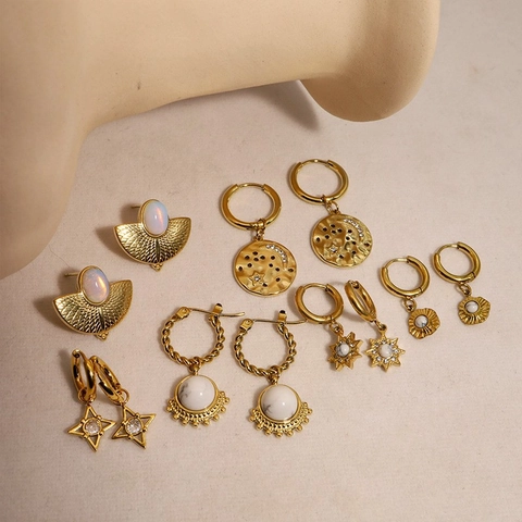 Franse Retro Roestvrijstalen Oorringen Voor Dames 18K Goud Verguld Natuursteen Zirconia Ster Maan Hanger Mode Sieraden