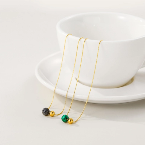 18K Verguld Roestvrij Staal Ronde Kraal Malachiet Hanger Ketting Minimalistische Geometrische Torsie Ketting Sleutelbeensieraden Voor Vrouwen