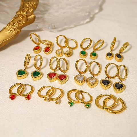 18K Vergulde Roestvrijstalen Oorringen Met Ovaal Hart Zirconia Hanger Kleurrijke Zirconia Oorbellen Voor Dames