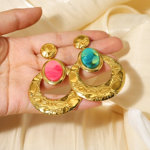 Vintage Gehamerde Roestvrijstalen Grote Oorringen Met Ovale Acryl Edelsteen Voor Dames Boheems Sieraden