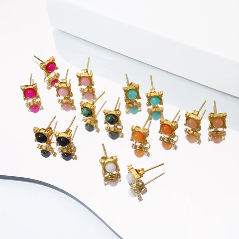 Vintage Vierkante Roestvrijstalen Oorknopjes Voor Dames 18K Verguld Ingelegde Natuursteen Geometrische Delicate Sieraden Accessoire
