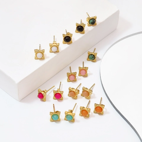 Vintage Vierkante Roestvrijstalen Oorknopjes Voor Dames 18K Verguld Ingelegde Natuursteen Geometrische Delicate Sieraden Accessoire