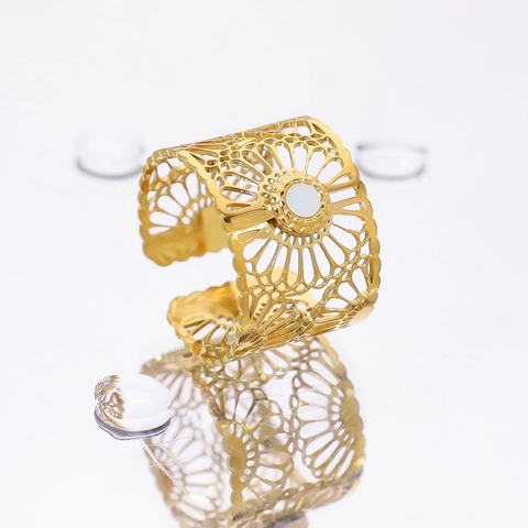 Vintage Edelstahl Hohle Blume Offener Ring Für Damen PVD 18K Vergoldet Weiß Muschel Einlage Verstellbar Schmuck