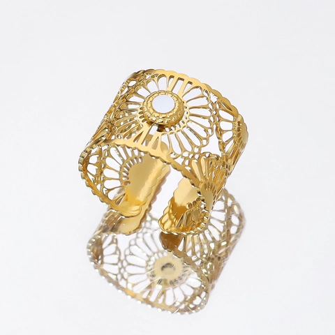 Vintage Edelstahl Hohle Blume Offener Ring Für Damen PVD 18K Vergoldet Weiß Muschel Einlage Verstellbar Schmuck