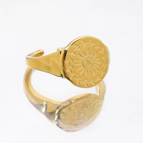 Vintage 18K Verguld Roestvrij Staal Open Ring Voor Vrouwen Verstelbaar Zon Gezicht Zonnebloem Patroon Zegelring Sieraden