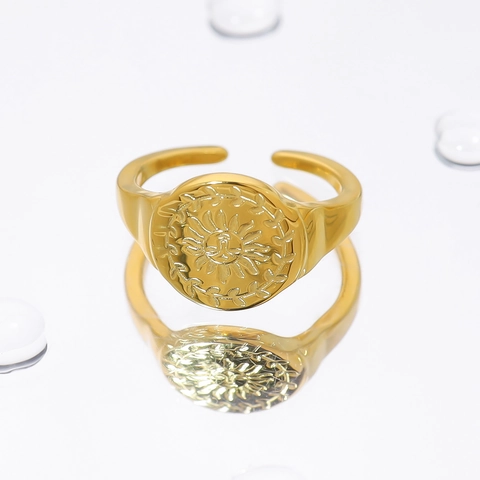Vintage 18K Verguld Roestvrij Staal Open Ring Voor Vrouwen Verstelbaar Zon Gezicht Zonnebloem Patroon Zegelring Sieraden