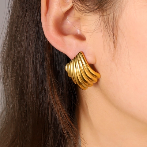 Vintage Roestvrij Staal Schelp Waaier Veer Vormige Oorknopjes Geplooide Textuur Goud Zilver Verguld Mode Vrouwen Sieraden