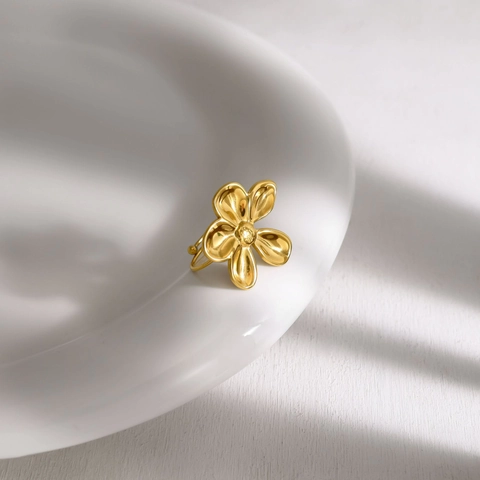 Minimalistische Roestvrijstalen Bloem Open Ring Voor Vrouwen PVD 18K Verguld 3D Bloemblad Verstelbare Ring Sieraden