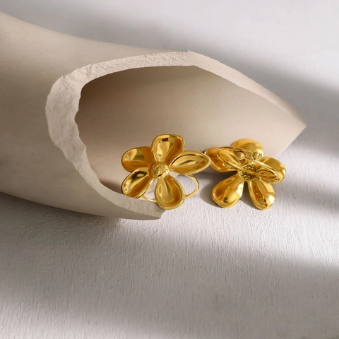 Minimalistische Roestvrijstalen Bloem Open Ring Voor Vrouwen PVD 18K Verguld 3D Bloemblad Verstelbare Ring Sieraden