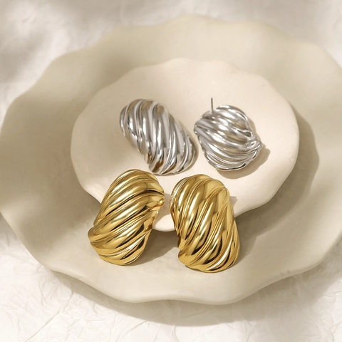 Franse Vintage 316 Roestvrij Stalen Golf Oorknopjes Voor Vrouwen Minimalistisch Geribbelde Chunky Metalen Geometrische Sieraden