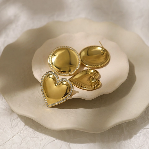 18K Goud Verguld Roestvrij Staal Ronde Hartvorm Strass Oorknopjes Voor Vrouwen INS Stijl Mode Sieraden