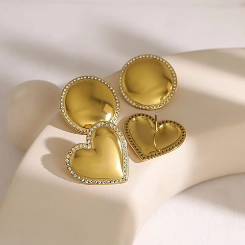 18K Goud Verguld Roestvrij Staal Ronde Hartvorm Strass Oorknopjes Voor Vrouwen INS Stijl Mode Sieraden
