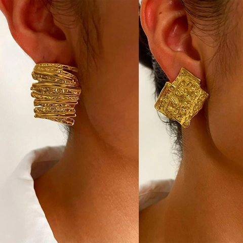 18K Gold Plated 316L Stainless Steel Irregular Hammered Geometric Stud Earrings Chunky Layered Retro Statement Women Jewelry