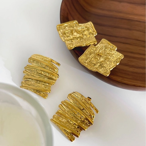 18K Gold Plated 316L Stainless Steel Irregular Hammered Geometric Stud Earrings Chunky Layered Retro Statement Women Jewelry