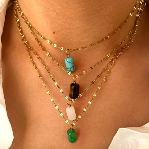 Minimalist Stainless Steel Necklace For Women 18K Gold Plated Waterproof Natural Stone Cylinder Pendant Jewelry