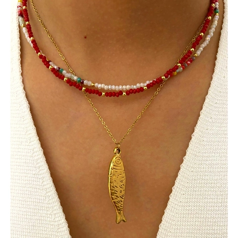 Collar con Colgante de Pez de Acero Inoxidable de Moda para Mujer Diseño de Capas de Cuentas de Acrílico Colorido Joyería