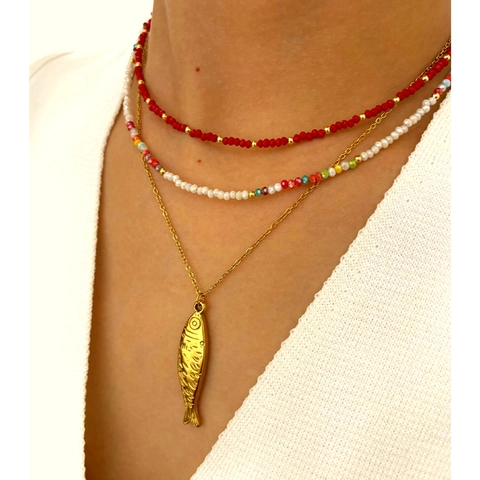 Collar con Colgante de Pez de Acero Inoxidable de Moda para Mujer Diseño de Capas de Cuentas de Acrílico Colorido Joyería