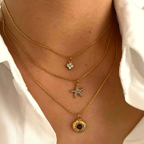316L Stainless Steel Layered Necklace Gold Starfish Flower Tiger Eye Stone Pendant Rhinestone Tarnish Free Fashion Jewelry