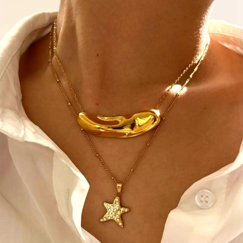 Minimalist 316L Stainless Steel Irregular Star Rhinestone Double Layered Pendant Necklace For Women Gold Plated Fashion Jewelry