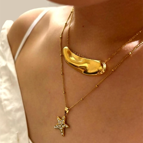 Minimalist 316L Stainless Steel Irregular Star Rhinestone Double Layered Pendant Necklace For Women Gold Plated Fashion Jewelry