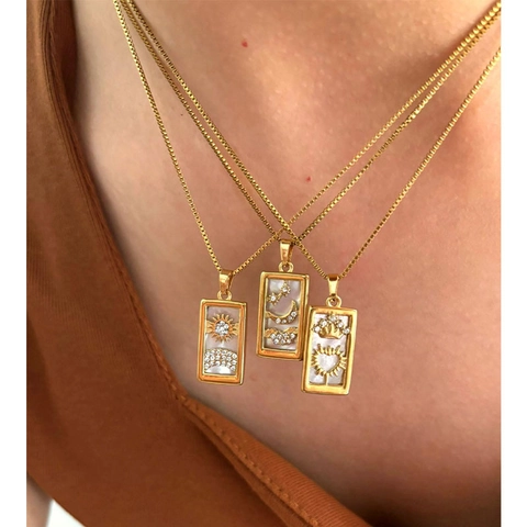 Vintage 316L Stainless Steel Tarot Square Pendant Necklace For Women White Mother Of Pearl Rhinestone Sun Moon Crown Charm Jewelry