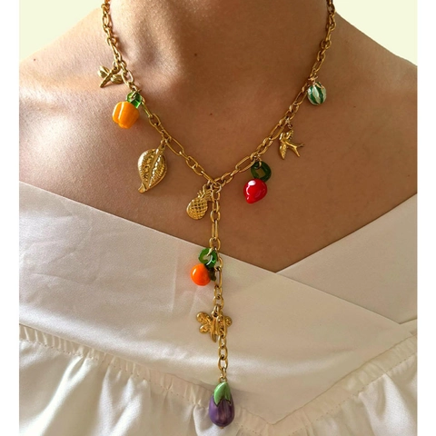Stainless Steel Y-Halskette Mit Mehreren Anhängern Für Damen Gold Bunt Lampenarbeit Frucht Ananas Orange Vogel Blatt Boho Urlaub Schmuck