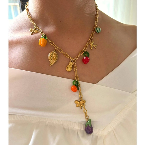 Stainless Steel Y-Halskette Mit Mehreren Anhängern Für Damen Gold Bunt Lampenarbeit Frucht Ananas Orange Vogel Blatt Boho Urlaub Schmuck