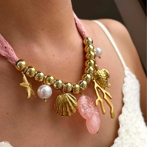 Collana con Pendente in Acciaio Inossidabile Stile Spiaggia Estiva Nastro in Pizzo Rosa Stella Marina Tartaruga Resina Lumaca Perla Artificiale