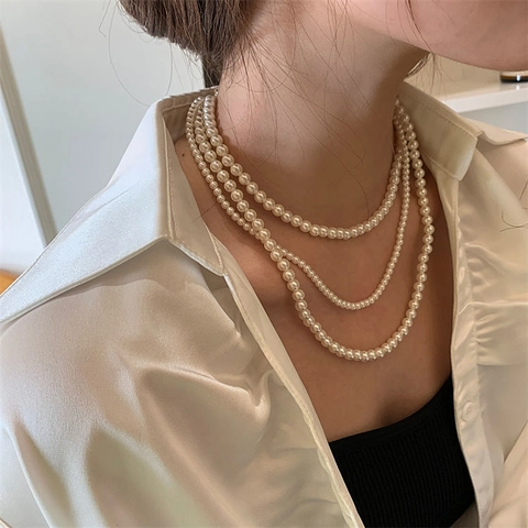 Collier Perles Artificielles Multi-rangs pour Femmes Vintage Sautoir Long Chaîne de Pull Bijoux Mariage Fête Ensemble
