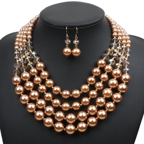 Overdreven Meerlaagse Kunstparel Kwast Ketting En Oorbellen Voor Dames Luxe Legering Strass Bruidssieraden Collectie