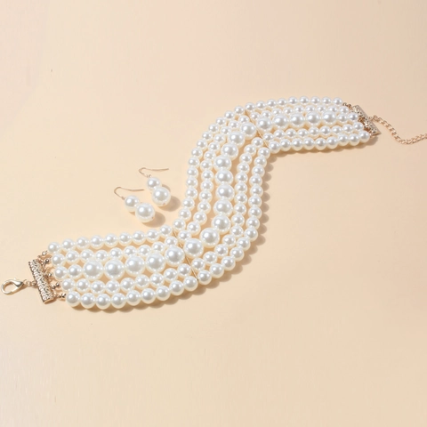 Französisch Vintage Mehrlagig Imitationsperle Halsreif Und Ohrstecker ABS Kunststoff Künstliche Perlen Schmuck Für Damen Bankett Party