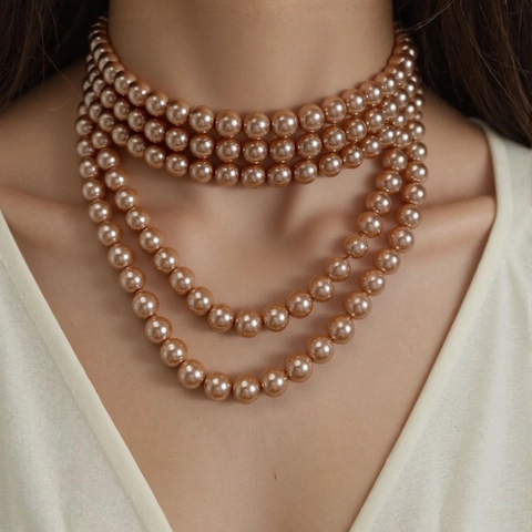 Vintage Elegant Multi-layer Faux Artificial Pearl Necklace And Earring Set For Women Statement Choker Jewelry Set For Banquet Party