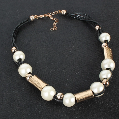 Vintage Multi Layer Imitation Artificial Pearl Choker Necklace For Women Gold Silver Hammered Metal Tube Braided Rope Clavicle Chain