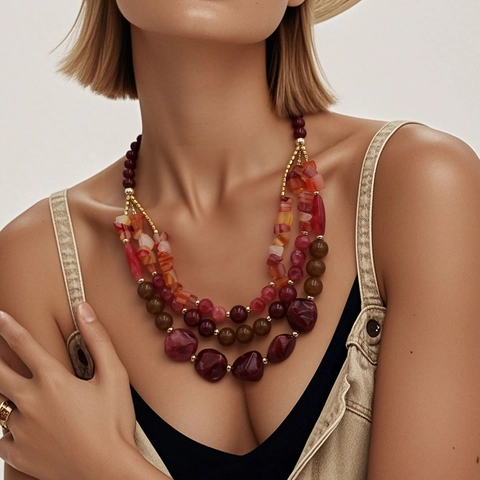 Set Collana E Orecchini Con Perline A Strati Bohemien Per Donna Gioielli In Resina Plastica ABS Statement Per Feste