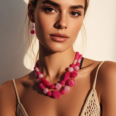 Collier Et Boucles D'Oreilles En Perles De Résine Marbrée À Double Couche Bohème Bijoux De Mode Pour Vacances Fête