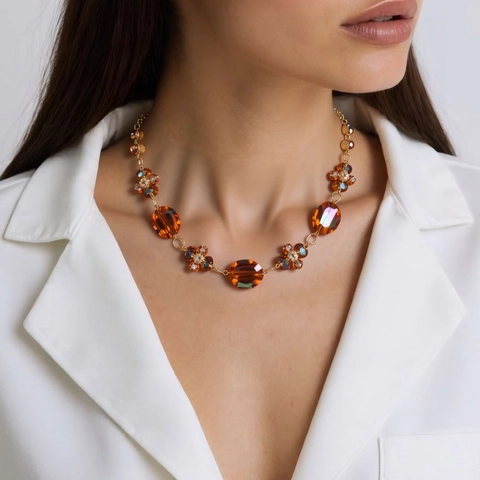 Vintage Legierung Künstlicher Kristall Blume Halskette Und Ohrringe Bunte Bernstein Perlen Schmuck Für Damen Party