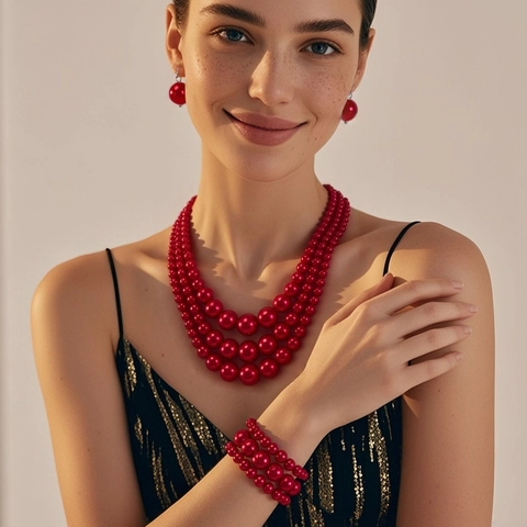 Parure de Bijoux Collier en Perles Artificielles Multi-rangs Vintage pour Femmes Élégant Collier de Perles Roses Blanches Boucles d'Oreilles Bracelet