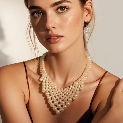 Ensemble Collier Et Boucles D'Oreilles En Perles Artificielles Tissées Multicouches Vintage Ras Du Cou Bavette Pour Femmes Bijoux Élégants