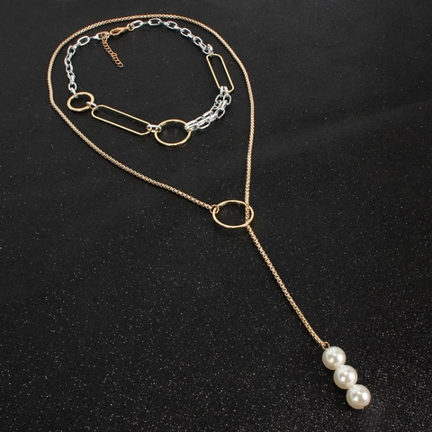 Fashion Layered Aluminum Y-Necklace With Mixed Gold Silver Tone Metal Ring And Artificial Pearl Pendant For Women Daily Jewelry